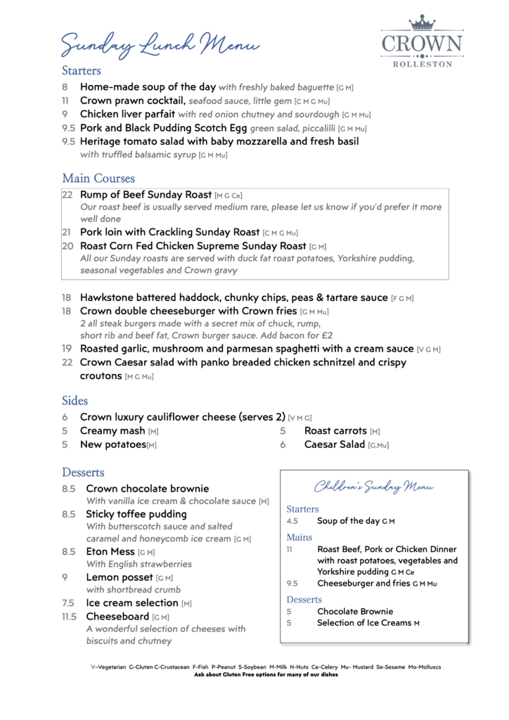 Sunday Lunch Menu